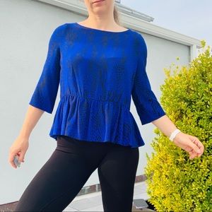 Anthro Silk Ruffle Cut Out Open Back Snake Leopard Print Cobalt Royal Blue
